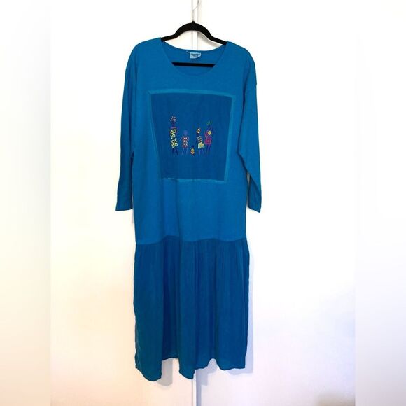 Johnny Was Vintage 90s Maxi T-Shirt Dress Teal Blue Embroidered Women & Children - Picture 3 of 14